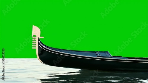 Elegant Black Venetian Gondola Isolated on Water with Green Screen Background, Ideal for Compositing and Travel Design Projects