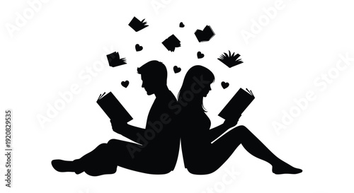 Couple reading books surrounded by hearts a striking silhouette