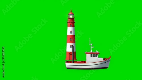 3D Cartoon Lighthouse on Boat with Glowing Light, Isolated on Green Screen Chroma Key for Maritime Navigation and Safety Concepts