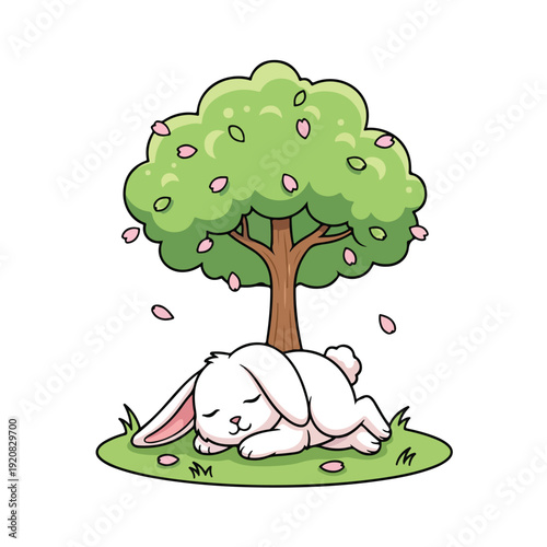A cute cartoon rabbit sleeps peacefully under a blooming tree with falling petals on a green grassy area against a clean white background.