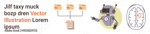 Data management, artificial intelligence, neural networks, robotics, machine learning, cognitive science. Folders linked to files, robot and brain diagram. Data organization and artificial