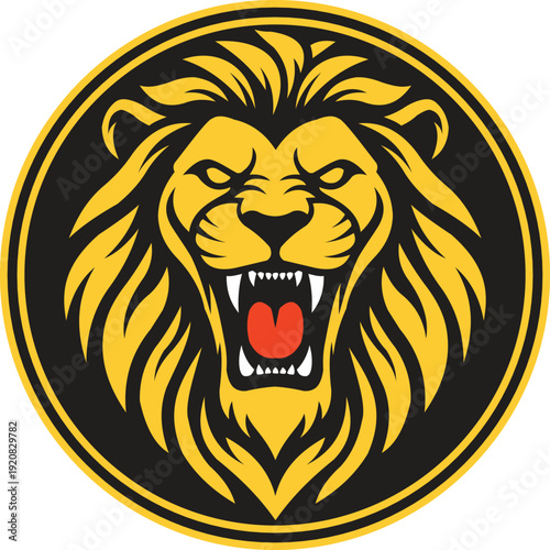 Fierce lion head logo design with golden mane and red tongue