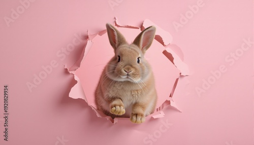 Bunny peeking out of a hole in pink wall background, fluffy cute eared bunny easter bunny banner, rabbit jump out torn hole, Generative AI

