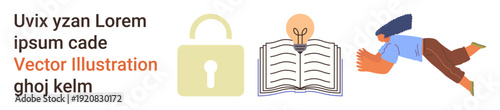 Education, security, creativity, knowledge sharing, protection, personal development. Open book with a lightbulb, padlock and person flying. Education and security as key conceptual