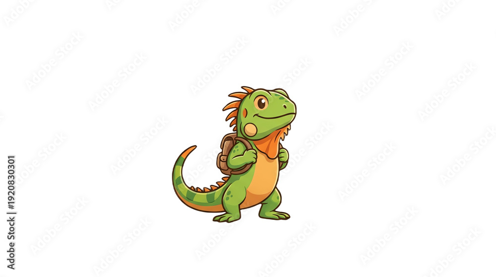 Fototapeta premium Cute Cartoon Iguana with Backpack, Ready for Adventure