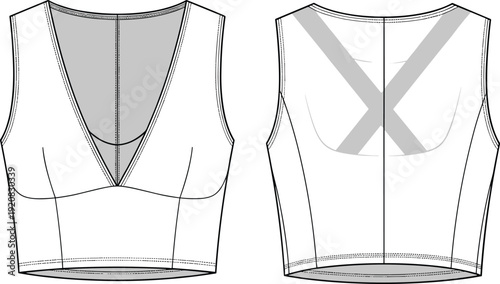 Crop top fashion technical vector illustration, sleeveless garment design drawing, front and back view apparel art - flat vector illustration