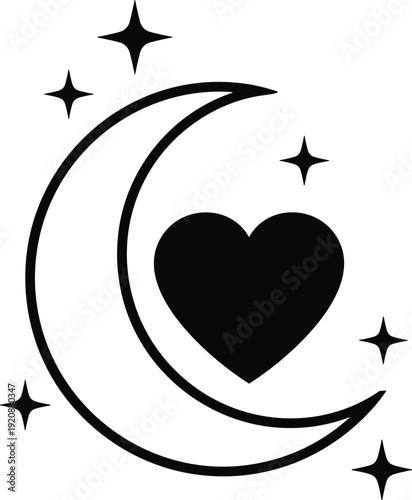 Crescent moon and heart silhouette vector illustration, celestial love graphics, night sky drawing, black and white romantic art