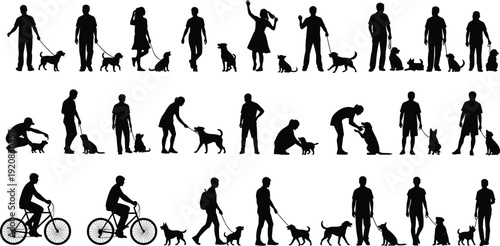 Dog and human interaction silhouette vector illustration, pet companionship graphics, training and walking drawing, black and white animal art