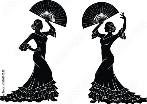 Flamenco dancer silhouette vector illustration, Spanish cultural dance graphics, traditional attire drawing, black and white performance art - flat vector illustration