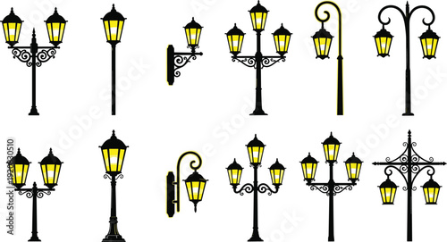 Vintage street lamp vector illustration, ornate lantern graphics, historical urban lighting drawing, black and white architectural art - flat vector illustration