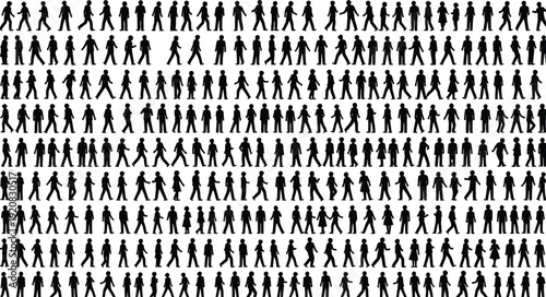 Walking person silhouette vector illustration, pedestrian motion graphics, human movement drawing collection, black and white activity art - flat vector illustration