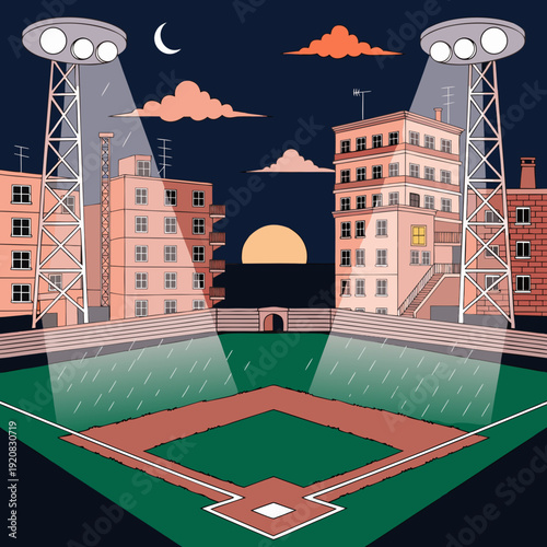Baseball field vector art of a vibrant night scene with surrounding apartment buildings, suitable for sportsrelated designs and urban illustrations.