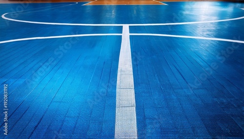 a basketball court with a blue background and a white line the court is empty the blue background and white line create a sense of calmness and focus