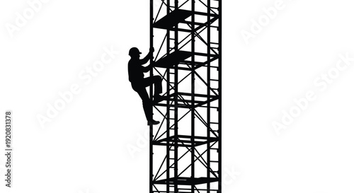Construction worker climbing scaffolding a striking black silhouette
