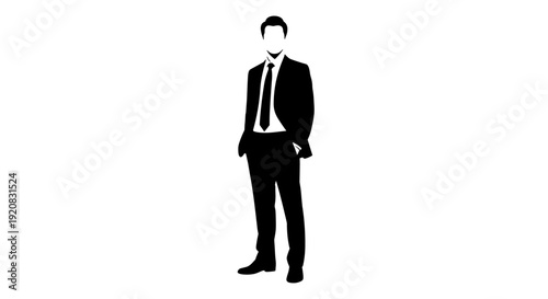 A minimalist vector silhouette illustration of a confident businessman standing with hands in pockets, exuding professionalism and success in a modern business setting