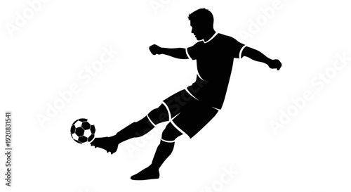 Silhouette vector illustration of a male soccer player kicking a football, action shot, black and white graphic, suitable for sports themes