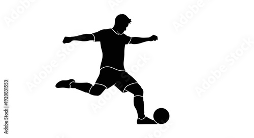 Silhouette vector illustration of a soccer player kicking a ball on a white background, dynamic sport action, athlete practicing a game