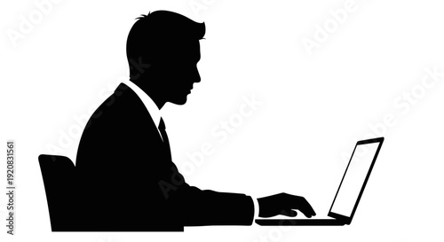 Silhouette of a businessman in a suit typing on a laptop computer, a professional and modern vector illustration representing technology and work