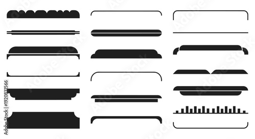 Set of black vector graphic elements, isolated on white background, representing different frame, banner, ribbon, and divider designs for creative projects