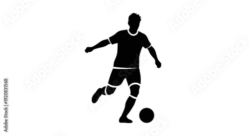 Engaging vector artwork of an athletic male soccer player controlling a football, presented in a crisp silhouette, suitable for sports marketing and competitive design themes