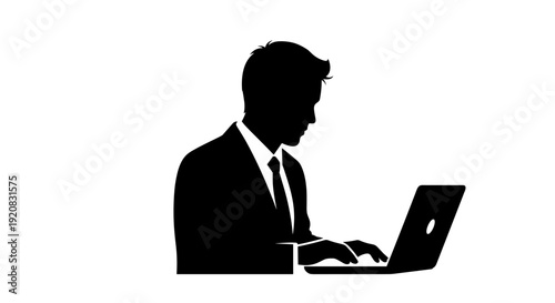 Silhouette vector illustration of a man in a suit working on a laptop computer, symbolizing remote work and digital business operations