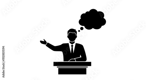 Professional Speaker Presenting Ideas Vector Illustration Man with Thought Bubble at Podium Symbolizing Public Communication and Brainstorming Session