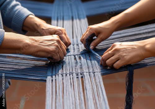 Close-up view of skilled artisans hands working together on a traditional hand loom, interweaving vibrant blue and lighter colored threads to create intricate textile patterns