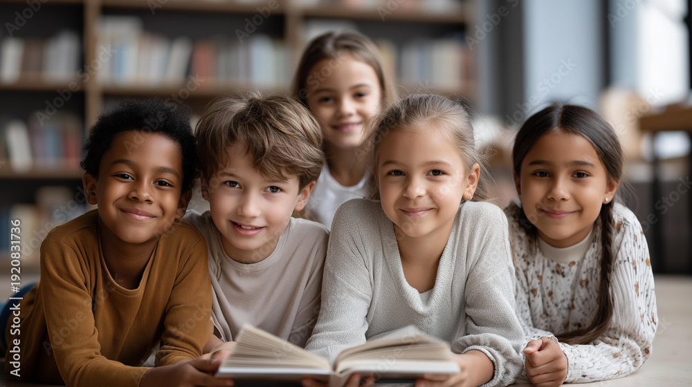 Fototapeta premium Five faceless smiling kids of different ethnicities lying on floor in library near bookshelves, children reading book together, sharing knowledge and friendship, learning and