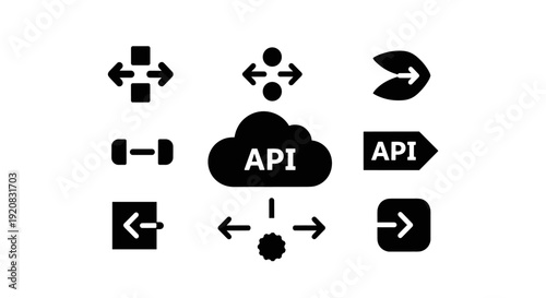 A comprehensive vector icon set illustrating fundamental API concepts for modern software development, emphasizing data flow, integration, and diverse connectivity points