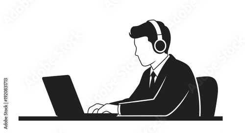 Focused professional working on a laptop, wearing headphones, shown as a clean vector illustration. Ideal for remote work, online learning, and concentration themes