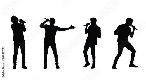 Four men singing into microphones depicted in black silhouette