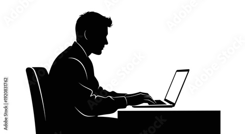 Professional silhouette vector illustration of a focused man diligently working on a laptop, embodying productivity and modern digital workspace concepts