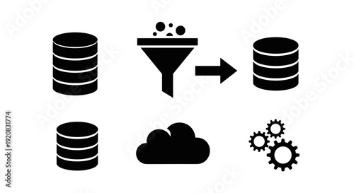 Database filtering and data processing represented by stacked coins, a funnel, a cloud, and gears, illustrating vector data management and optimization for digital information transformation