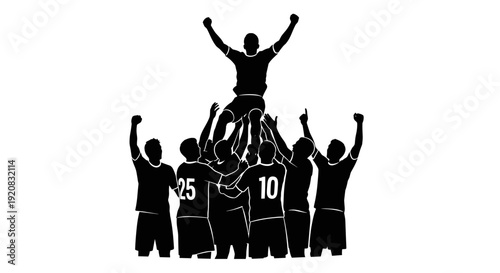 Vector illustration of a sports team celebrating victory with their captain lifted high in the air, representing achievement and teamwork