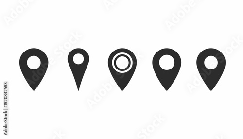 Set of black map pin icons on white background.