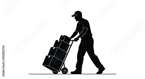 A delivery worker pushing boxes on a hand truck silhouette
