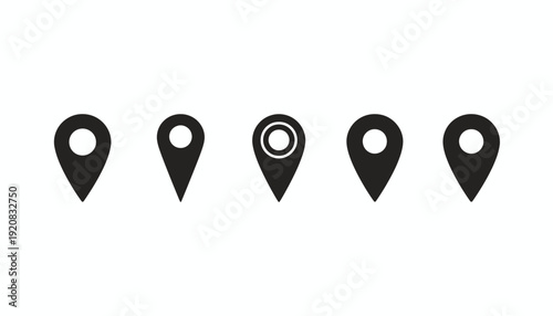 Set of black map pin icons on white background.