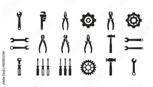 Collection of various black tool icons on white background.