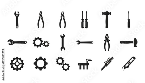 Collection of black tool icons on white background.