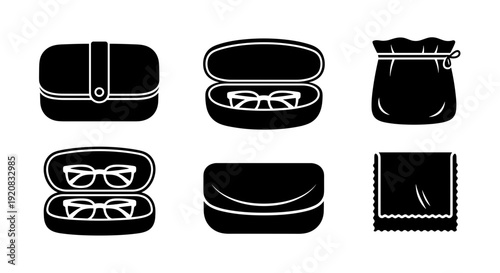 Black and white icons of various eyeglass cases and pouches