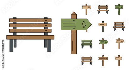 Collection of wooden benches and directional signs