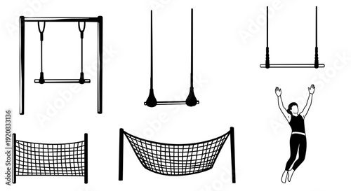 Black silhouette of various gym equipment and a woman exercising