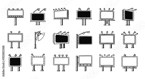 Various billboard structures and designs in black and white