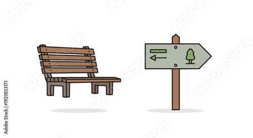Wooden park bench and directional sign