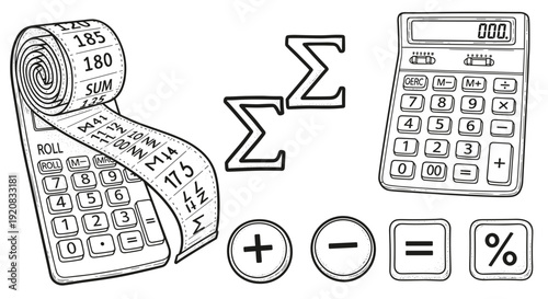 Calculator and adding machine with math symbols