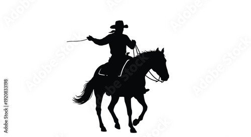 Cowboy on horseback dynamically posed against a white background silhouette