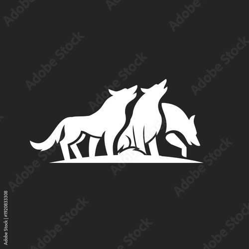 Three White Wolves Howling Silhouette Logo on Black Background