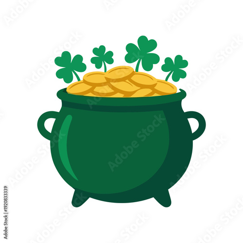 Flat vector illustration of a pot of gold coins surrounded by shamrocks. Represents luck, prosperity, and St. Patrick’s Day celebration in Irish folklore
