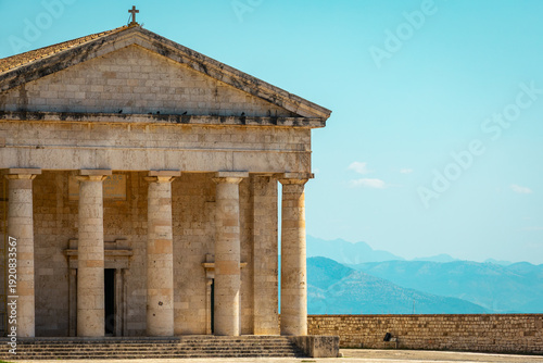 The Church of St. George (Agios Georgios) at the Old Fortress of Kerkyra (Cory Island), Greece - Partial View of ancient Greek Temple; Copy Space