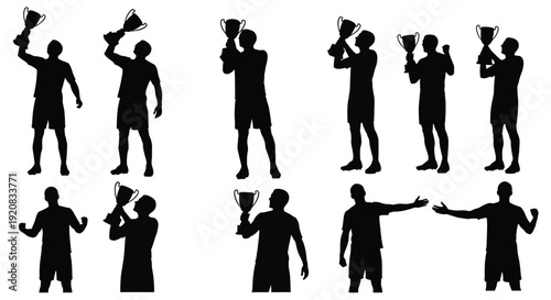 Victorious athletes raising trophies in various poses a black silhouette
